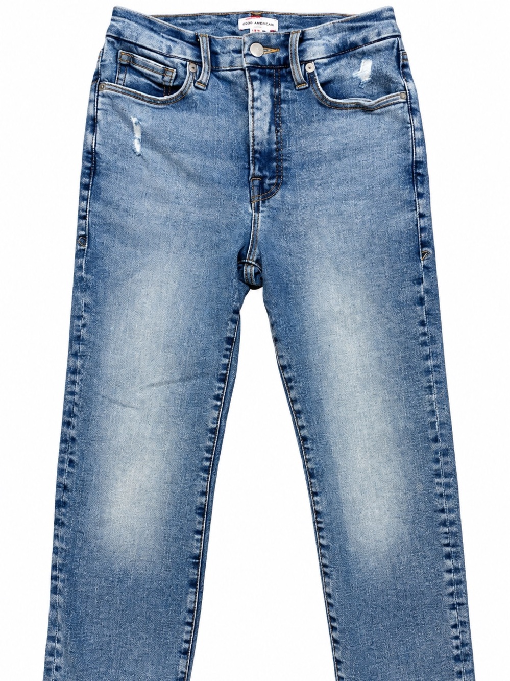 Good American Good Less Straight Jeans 6/28 Blue Raw Hem Distressed